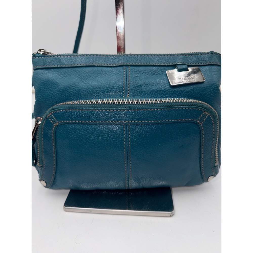 Tignanello Teal Blue Pebbled Leather Crossbody Bag Silver Hardware Zip Pocket